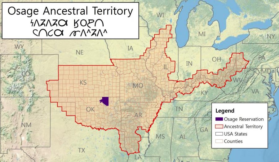 Map of the Osage Ancestral Territory across the central United States, with the present Osage Reservation in north-central Oklahoma marked in purple.